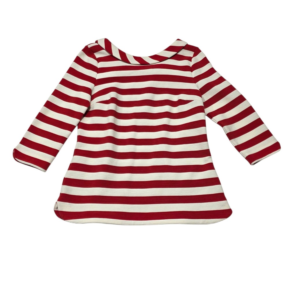 Boden Stripe Peter Pan Collar Top Womens 8 Red White Textured Knit 3/4 Sleeve